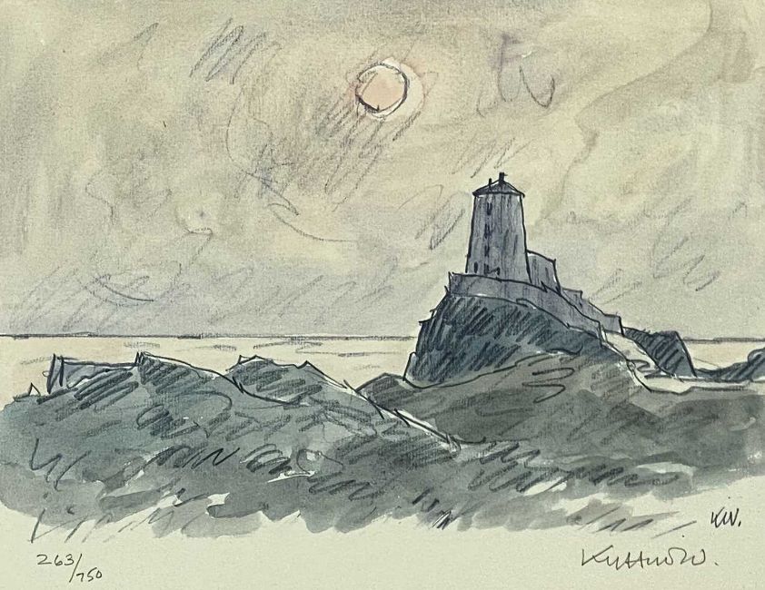Signed limited edition print of Llanddwyn Lighthouse by Kyffin Williams, featuring bold palette knife strokes and dramatic coastal tones that evoke the rugged spirit of Anglesey