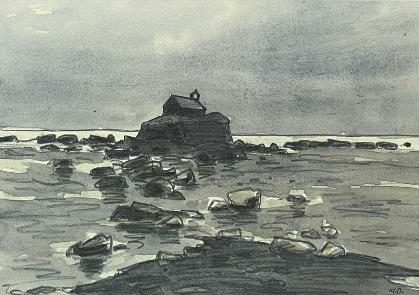 Signed limited edition artwork of St Cwyfan’s Church by Kyffin Williams, featuring bold palette knife textures and moody coastal tones that capture the solitude and strength of this tidal island chapel