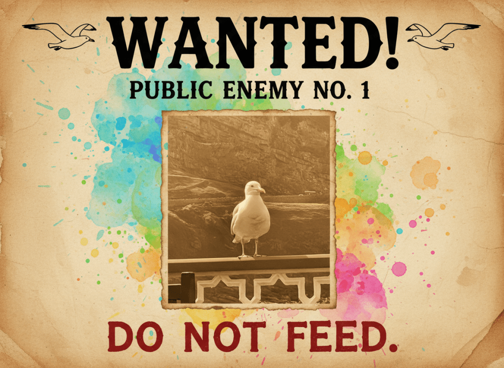 A comic-style “wanted poster” featuring a seagull staring at the camera, labeled “Public Enemy No. 1 — Do Not Feed.”