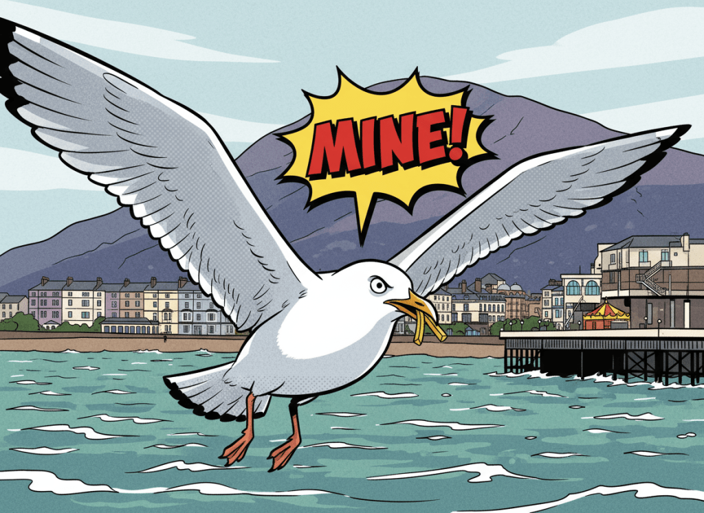 A comic-style illustration of a seagull swooping through the air, clutching a stolen potato chip in its beak, with bright colors and dynamic motion lines emphasizing its mischievous flight.