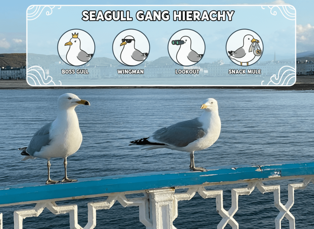 A humorous infographic showing the seagull gang hierarchy, featuring illustrated seagulls in different quirky roles, arranged like a comic-style chart.