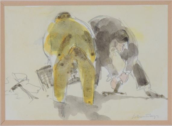 Original painting Tilling for Potatoes by William Selwyn showing farmers working in Gwynedd, North Wales.