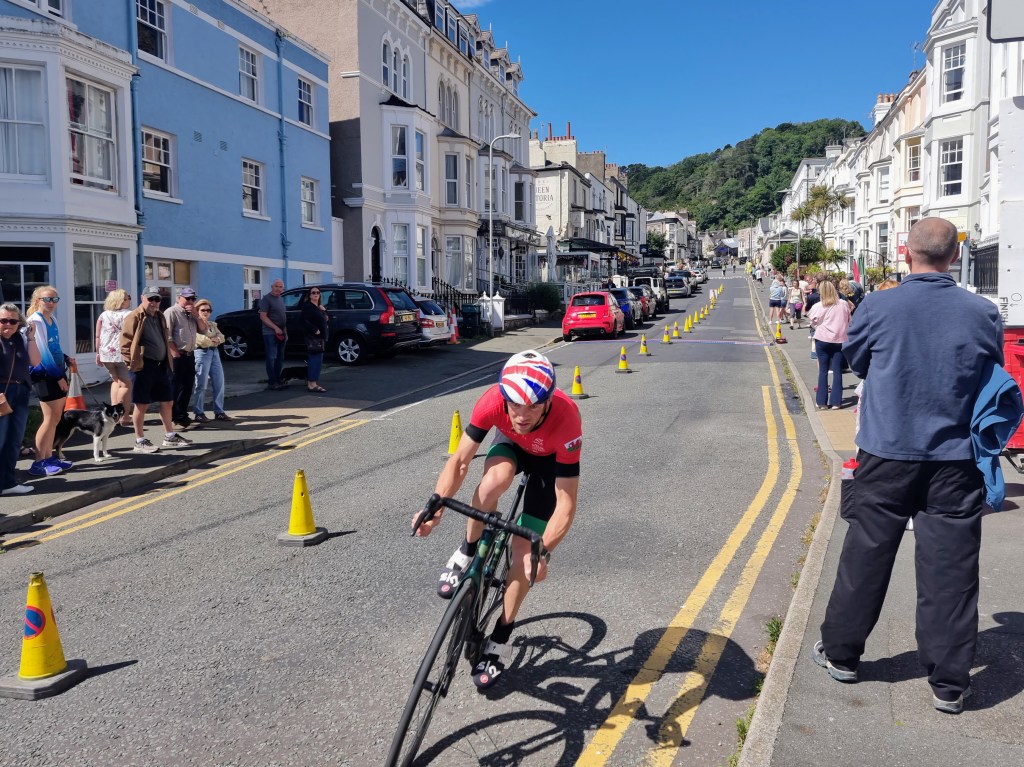 Cyclists riding the Llandudno triathlon course as they head out onto the next lap of the Great Orme.