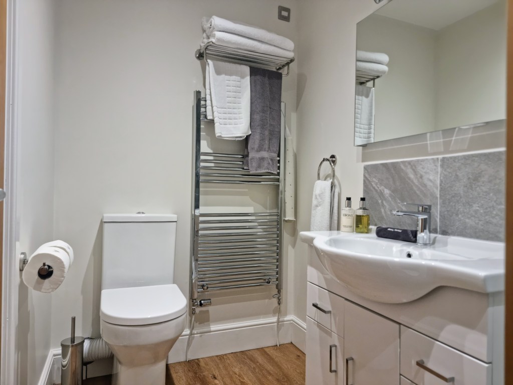 Modern bathroom in Room 103 featuring a comfort-height toilet and contemporary fittings